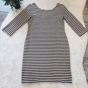 H&M Black & Creamy White 3/4 Sleeve Scoop Back Sheath Dress, Size Medium